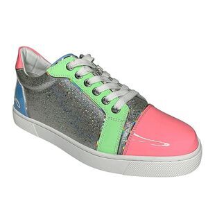 Christian Louboutin Fun Vieira Flat Patent Pink Silver Blue Low Top Sneaker 36.5